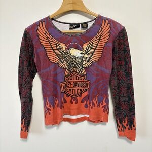 Vintage Harley-Davidson Long Sleeve Shirt Womens M Flames Biker Y2K 2000s Cute